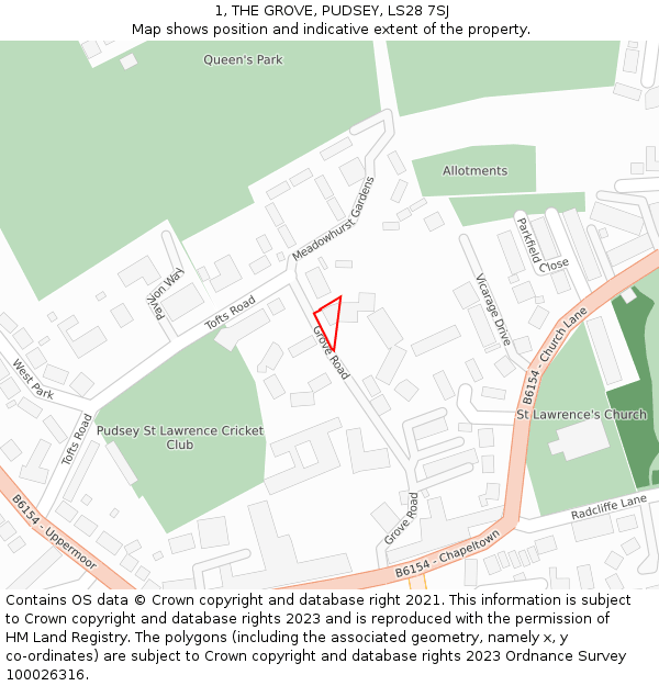 1, THE GROVE, PUDSEY, LS28 7SJ: Location map and indicative extent of plot