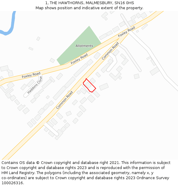 1, THE HAWTHORNS, MALMESBURY, SN16 0HS: Location map and indicative extent of plot