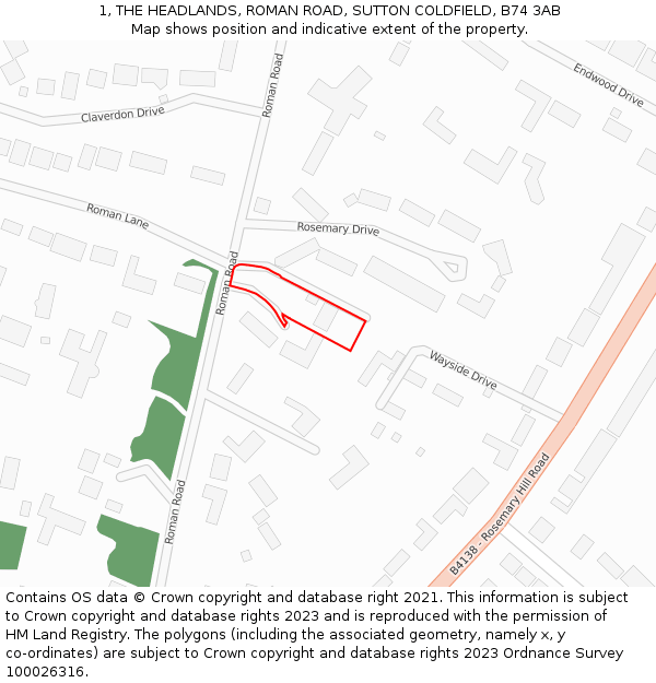 1, THE HEADLANDS, ROMAN ROAD, SUTTON COLDFIELD, B74 3AB: Location map and indicative extent of plot