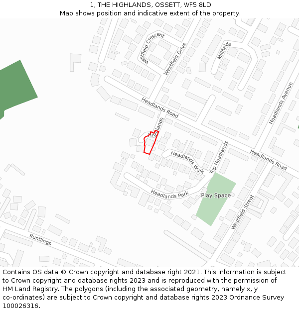 1, THE HIGHLANDS, OSSETT, WF5 8LD: Location map and indicative extent of plot