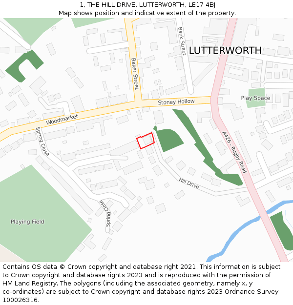1, THE HILL DRIVE, LUTTERWORTH, LE17 4BJ: Location map and indicative extent of plot
