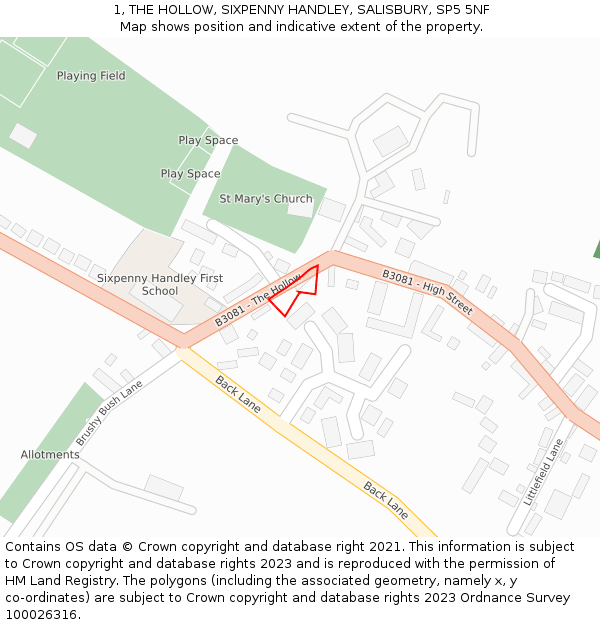 1, THE HOLLOW, SIXPENNY HANDLEY, SALISBURY, SP5 5NF: Location map and indicative extent of plot