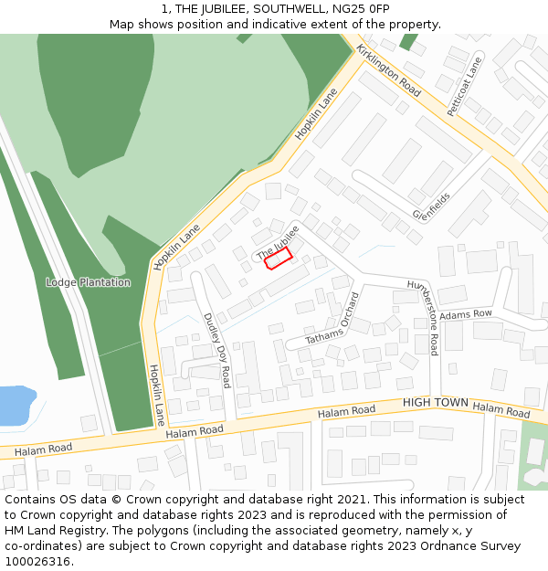 1, THE JUBILEE, SOUTHWELL, NG25 0FP: Location map and indicative extent of plot