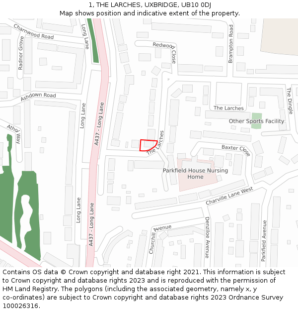 1, THE LARCHES, UXBRIDGE, UB10 0DJ: Location map and indicative extent of plot