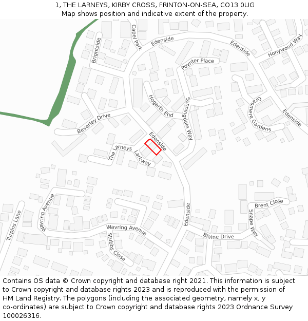 1, THE LARNEYS, KIRBY CROSS, FRINTON-ON-SEA, CO13 0UG: Location map and indicative extent of plot