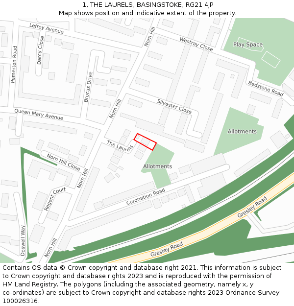 1, THE LAURELS, BASINGSTOKE, RG21 4JP: Location map and indicative extent of plot