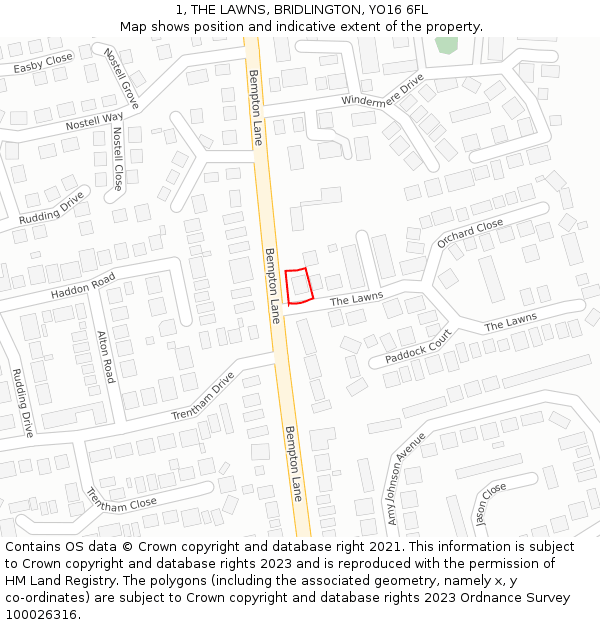 1, THE LAWNS, BRIDLINGTON, YO16 6FL: Location map and indicative extent of plot