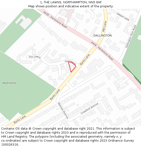 1, THE LAWNS, NORTHAMPTON, NN5 6AF: Location map and indicative extent of plot