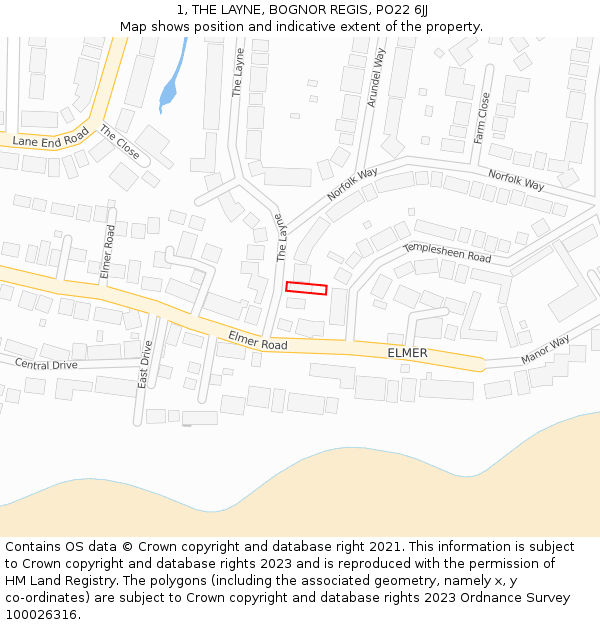 1, THE LAYNE, BOGNOR REGIS, PO22 6JJ: Location map and indicative extent of plot