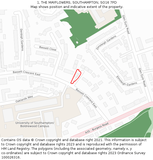 1, THE MAYFLOWERS, SOUTHAMPTON, SO16 7PD: Location map and indicative extent of plot