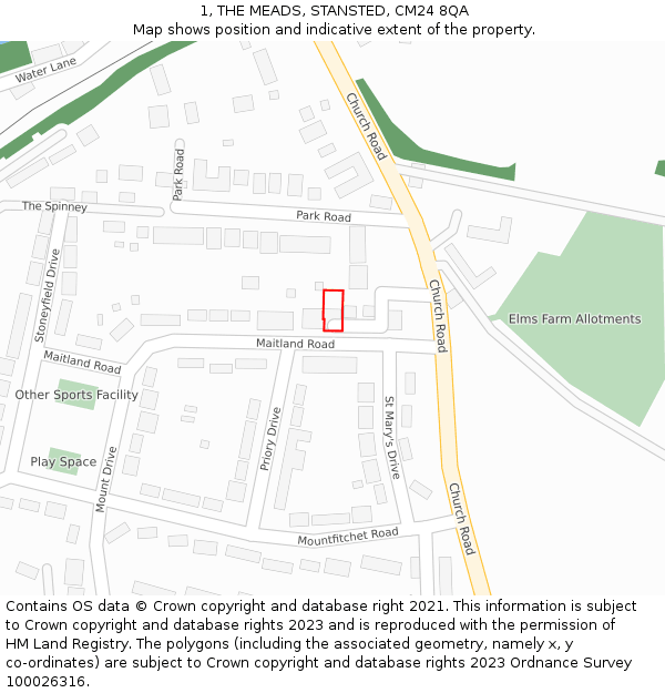 1, THE MEADS, STANSTED, CM24 8QA: Location map and indicative extent of plot