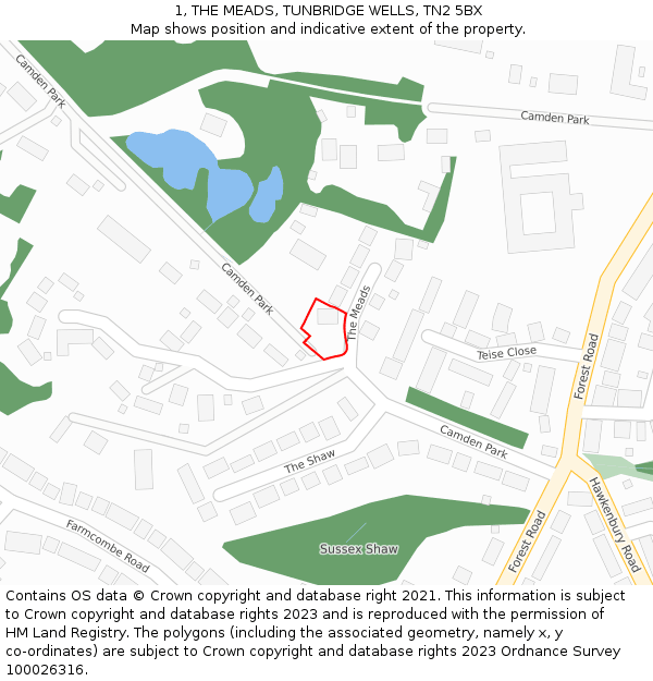 1, THE MEADS, TUNBRIDGE WELLS, TN2 5BX: Location map and indicative extent of plot