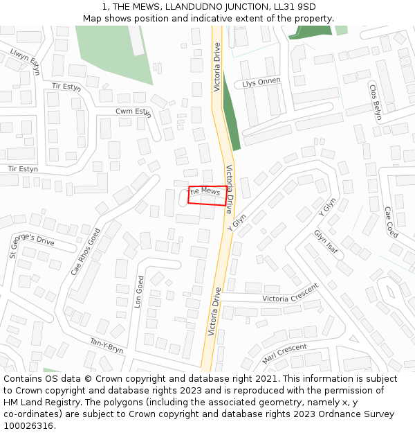 1, THE MEWS, LLANDUDNO JUNCTION, LL31 9SD: Location map and indicative extent of plot