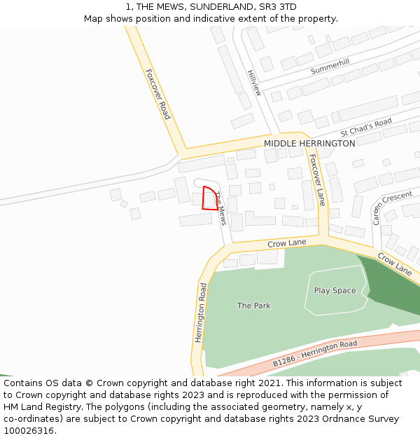 1, THE MEWS, SUNDERLAND, SR3 3TD: Location map and indicative extent of plot