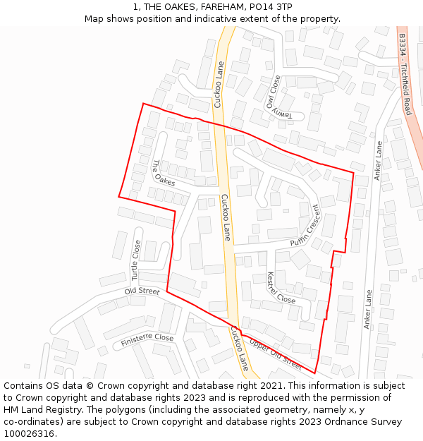 1, THE OAKES, FAREHAM, PO14 3TP: Location map and indicative extent of plot