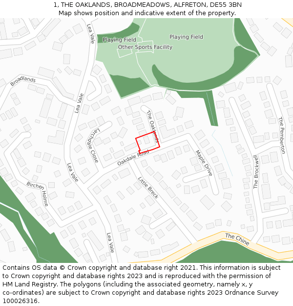 1, THE OAKLANDS, BROADMEADOWS, ALFRETON, DE55 3BN: Location map and indicative extent of plot