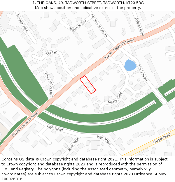 1, THE OAKS, 49, TADWORTH STREET, TADWORTH, KT20 5RG: Location map and indicative extent of plot