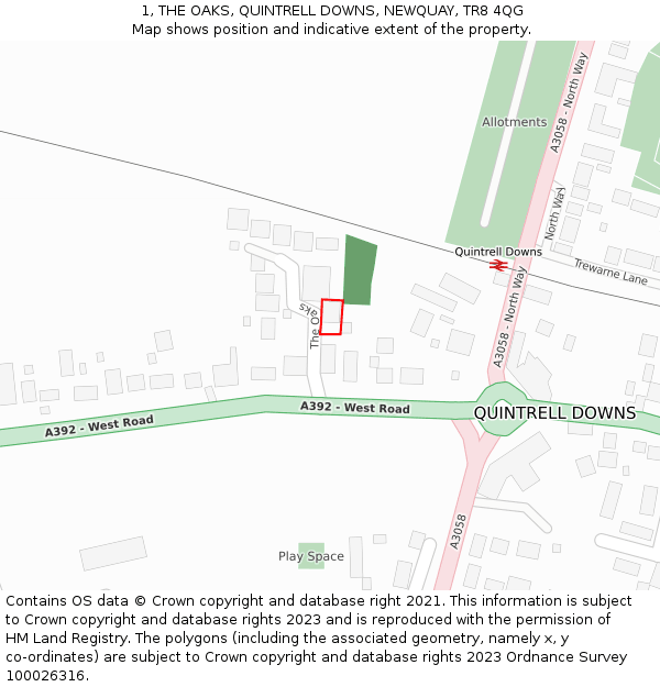 1, THE OAKS, QUINTRELL DOWNS, NEWQUAY, TR8 4QG: Location map and indicative extent of plot