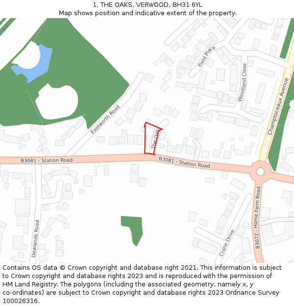 1, THE OAKS, VERWOOD, BH31 6YL: Location map and indicative extent of plot