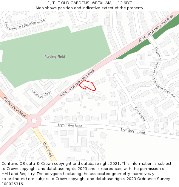 1, THE OLD GARDENS, WREXHAM, LL13 9DZ: Location map and indicative extent of plot