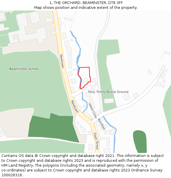 1, THE ORCHARD, BEAMINSTER, DT8 3FF: Location map and indicative extent of plot