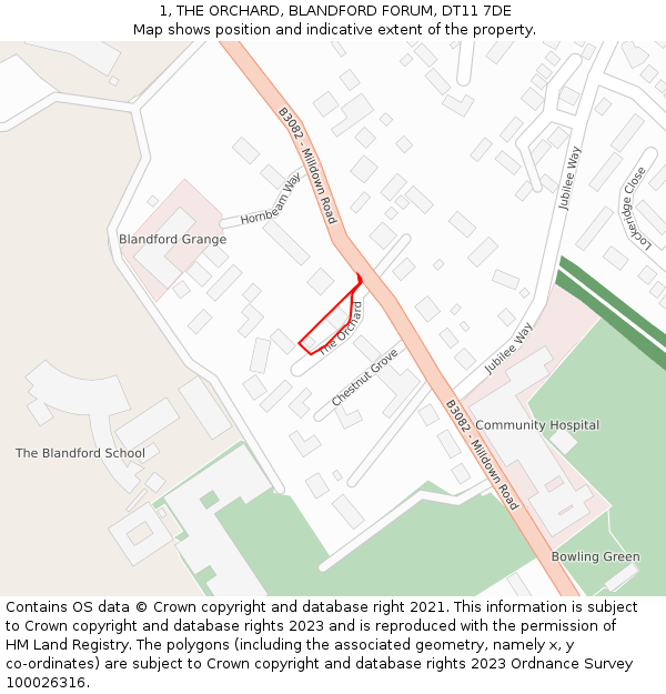 1, THE ORCHARD, BLANDFORD FORUM, DT11 7DE: Location map and indicative extent of plot
