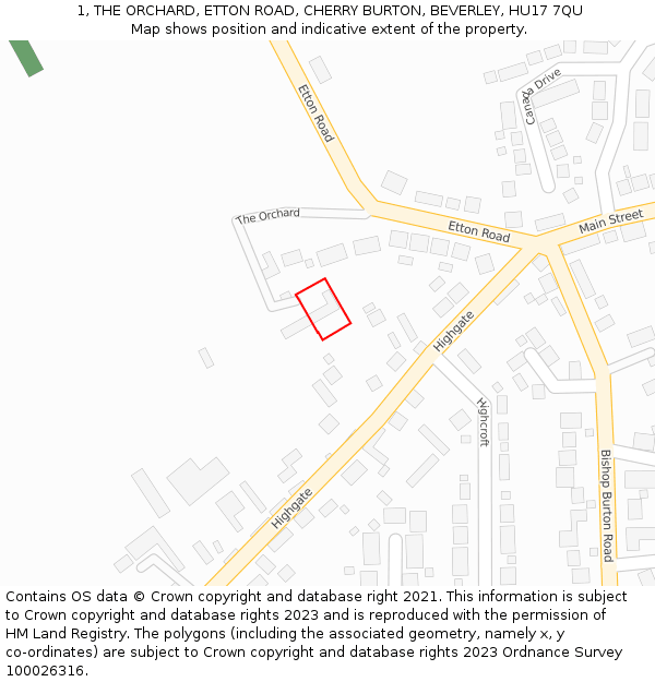 1, THE ORCHARD, ETTON ROAD, CHERRY BURTON, BEVERLEY, HU17 7QU: Location map and indicative extent of plot