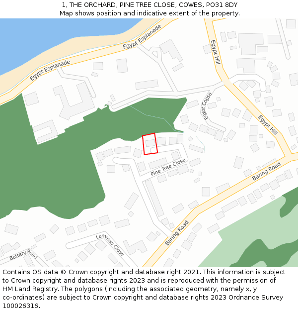 1, THE ORCHARD, PINE TREE CLOSE, COWES, PO31 8DY: Location map and indicative extent of plot