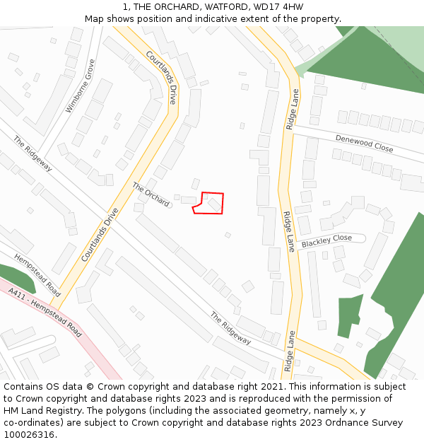 1, THE ORCHARD, WATFORD, WD17 4HW: Location map and indicative extent of plot