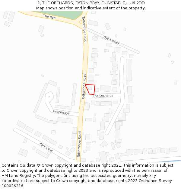 1, THE ORCHARDS, EATON BRAY, DUNSTABLE, LU6 2DD: Location map and indicative extent of plot