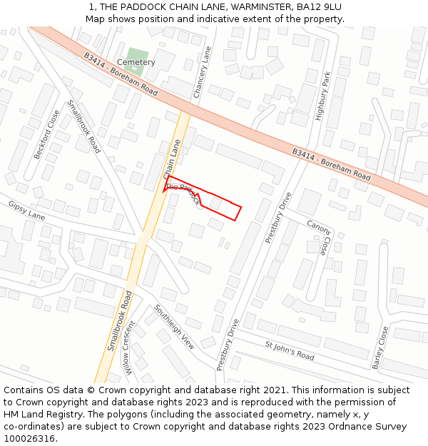 1, THE PADDOCK CHAIN LANE, WARMINSTER, BA12 9LU: Location map and indicative extent of plot