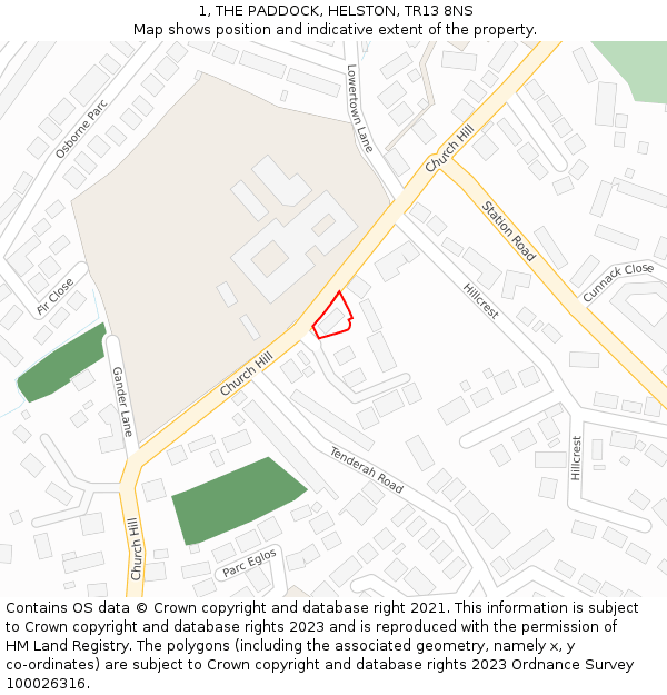 1, THE PADDOCK, HELSTON, TR13 8NS: Location map and indicative extent of plot