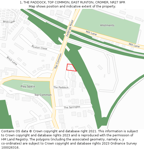 1, THE PADDOCK, TOP COMMON, EAST RUNTON, CROMER, NR27 9PR: Location map and indicative extent of plot