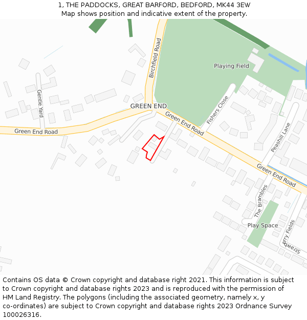 1, THE PADDOCKS, GREAT BARFORD, BEDFORD, MK44 3EW: Location map and indicative extent of plot