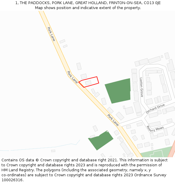 1, THE PADDOCKS, PORK LANE, GREAT HOLLAND, FRINTON-ON-SEA, CO13 0JE: Location map and indicative extent of plot