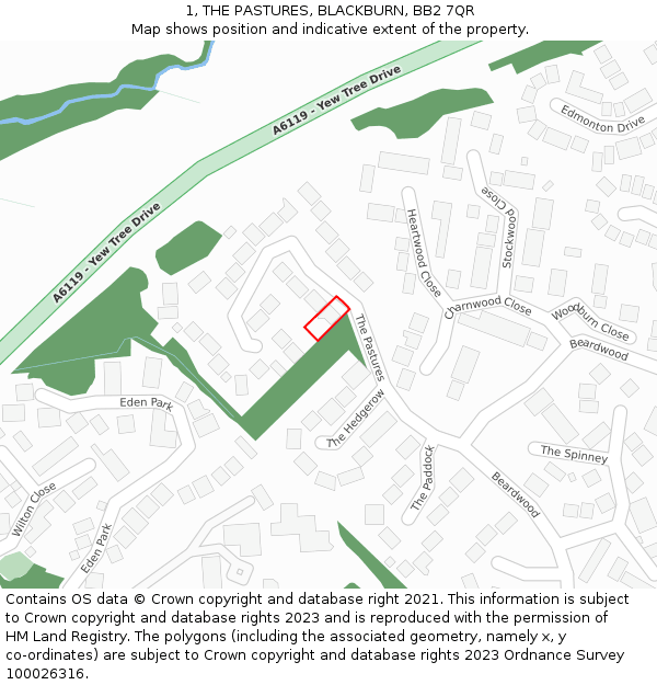 1, THE PASTURES, BLACKBURN, BB2 7QR: Location map and indicative extent of plot