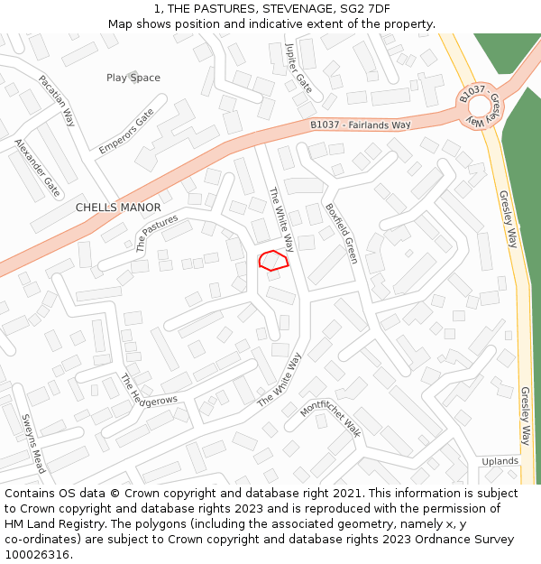 1, THE PASTURES, STEVENAGE, SG2 7DF: Location map and indicative extent of plot