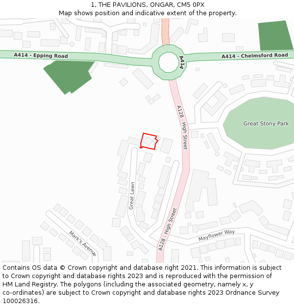 1, THE PAVILIONS, ONGAR, CM5 0PX: Location map and indicative extent of plot