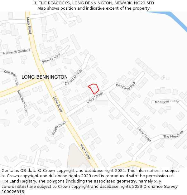 1, THE PEACOCKS, LONG BENNINGTON, NEWARK, NG23 5FB: Location map and indicative extent of plot