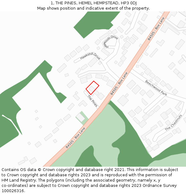 1, THE PINES, HEMEL HEMPSTEAD, HP3 0DJ: Location map and indicative extent of plot