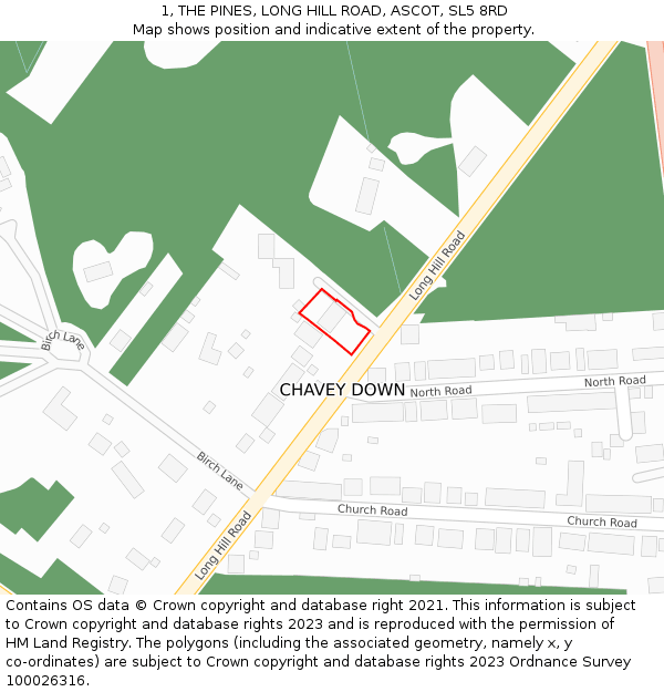 1, THE PINES, LONG HILL ROAD, ASCOT, SL5 8RD: Location map and indicative extent of plot