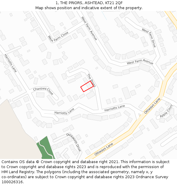 1, THE PRIORS, ASHTEAD, KT21 2QF: Location map and indicative extent of plot