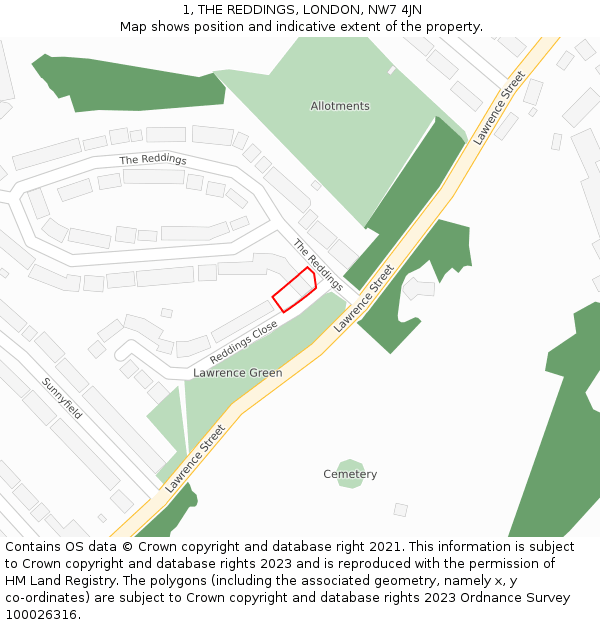 1, THE REDDINGS, LONDON, NW7 4JN: Location map and indicative extent of plot
