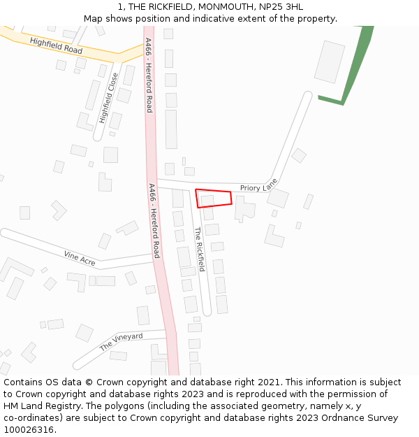 1, THE RICKFIELD, MONMOUTH, NP25 3HL: Location map and indicative extent of plot