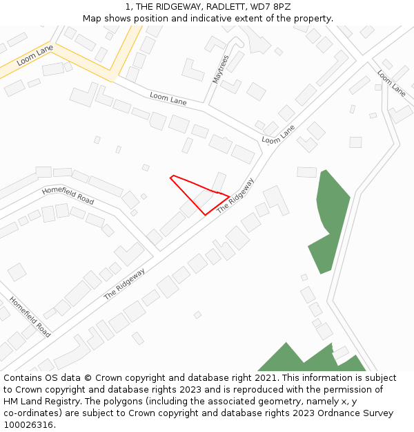 1, THE RIDGEWAY, RADLETT, WD7 8PZ: Location map and indicative extent of plot