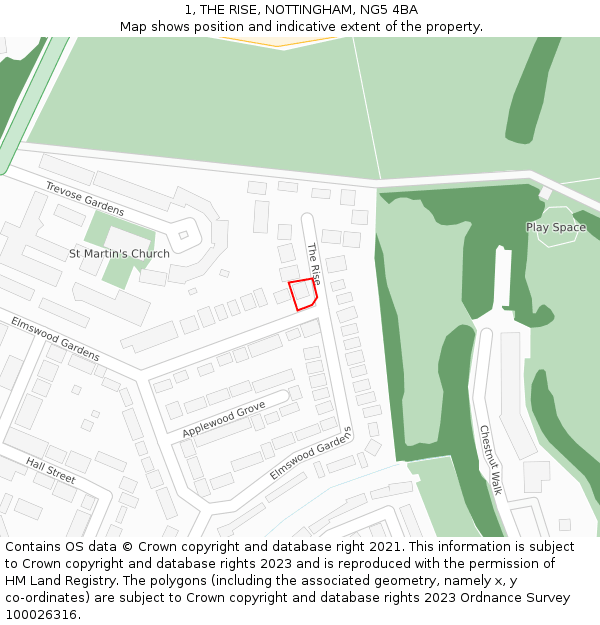 1, THE RISE, NOTTINGHAM, NG5 4BA: Location map and indicative extent of plot