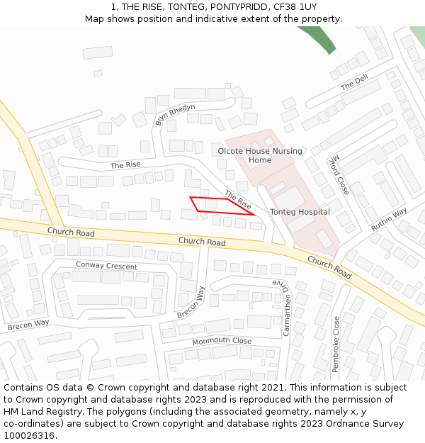 1, THE RISE, TONTEG, PONTYPRIDD, CF38 1UY: Location map and indicative extent of plot