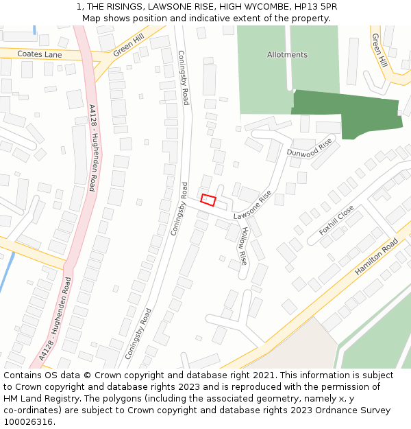 1, THE RISINGS, LAWSONE RISE, HIGH WYCOMBE, HP13 5PR: Location map and indicative extent of plot