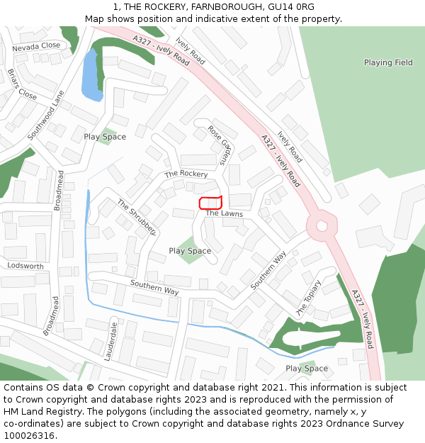 1, THE ROCKERY, FARNBOROUGH, GU14 0RG: Location map and indicative extent of plot