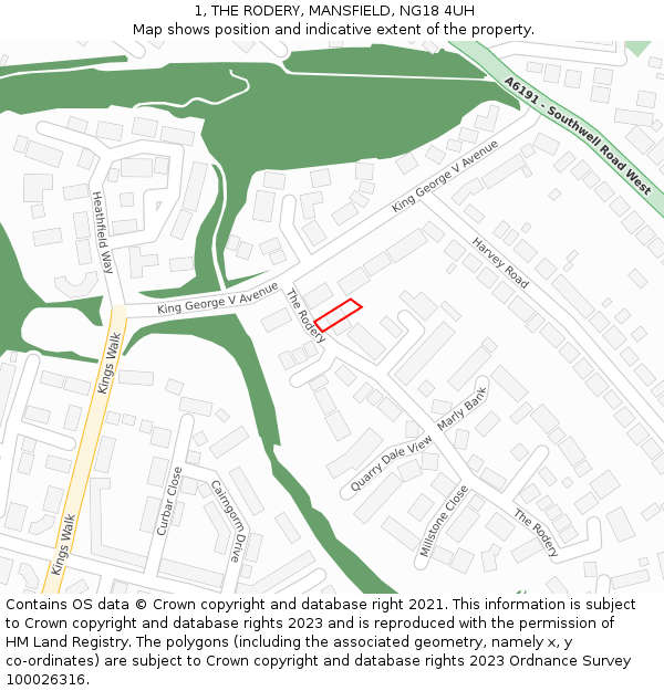 1, THE RODERY, MANSFIELD, NG18 4UH: Location map and indicative extent of plot